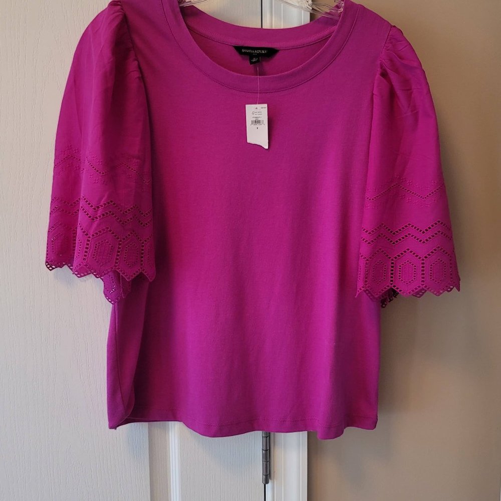 NEW Banana Republic Pink Embroidered Puff Sleeve Blouse - Picture 4 of 8